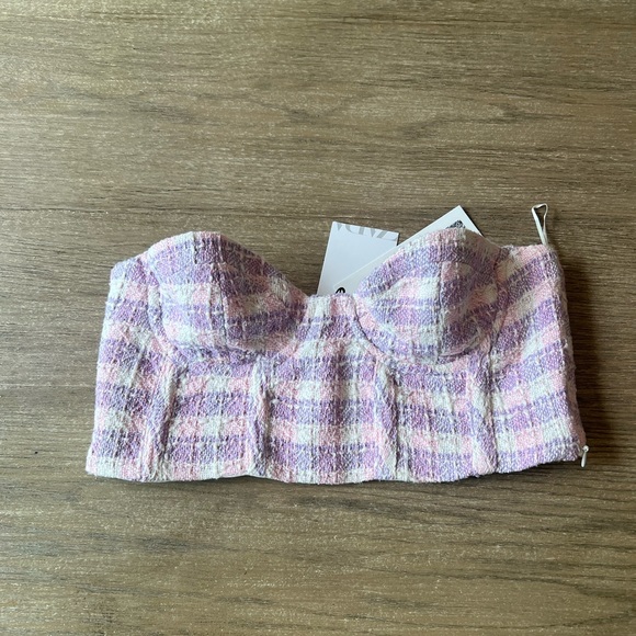 Zara woman’s pink/purple texture plaid corset tweed tube crop top - Picture 7 of 16